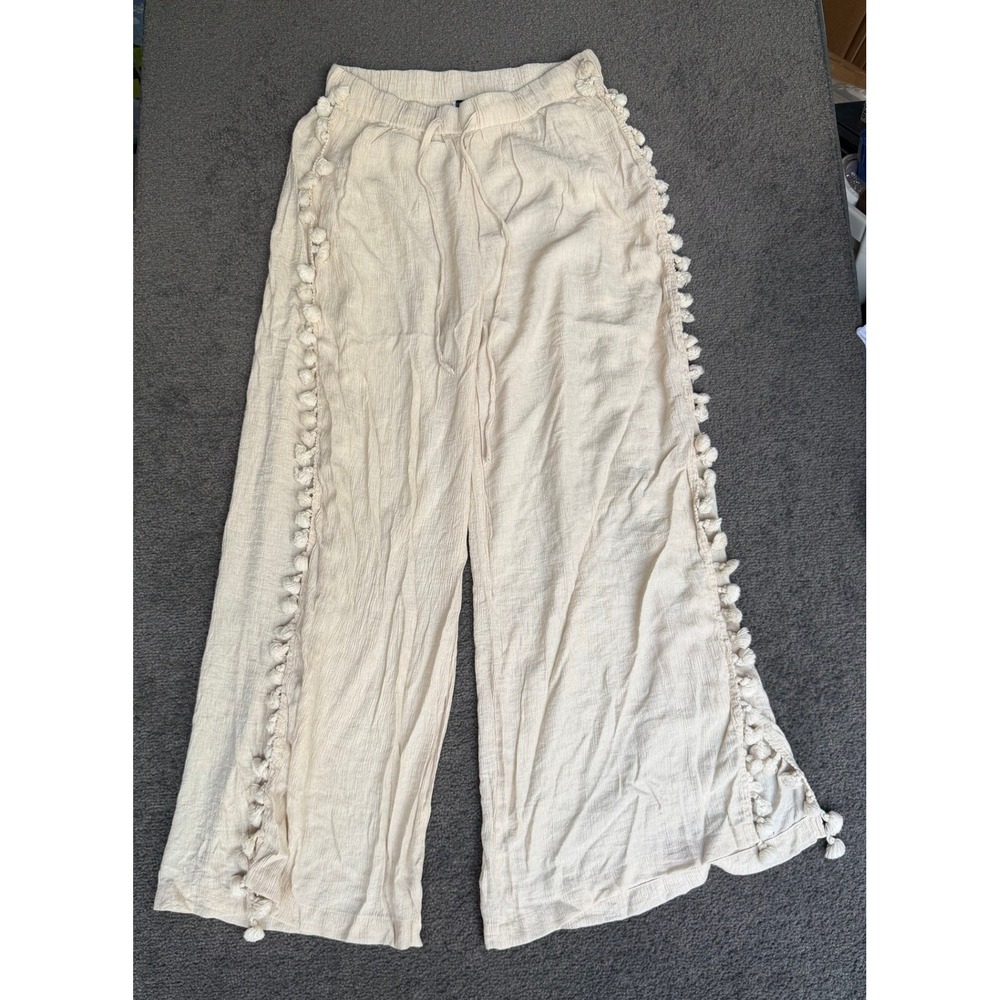 Anewsta Cream Wide Leg Pom Pom Trim Textured Beach Lounge Pants XL NWT
